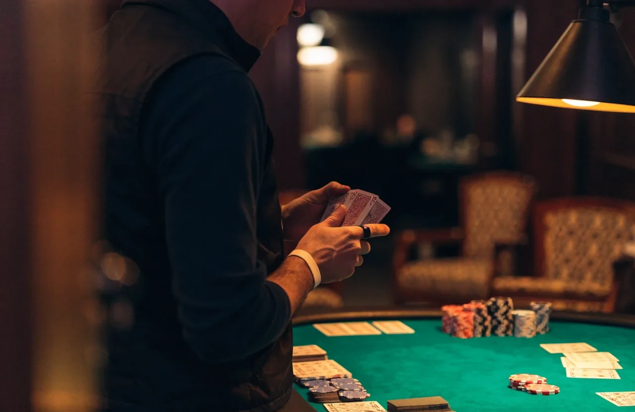 Stół pokerowy pod lampą w sali Vergermont