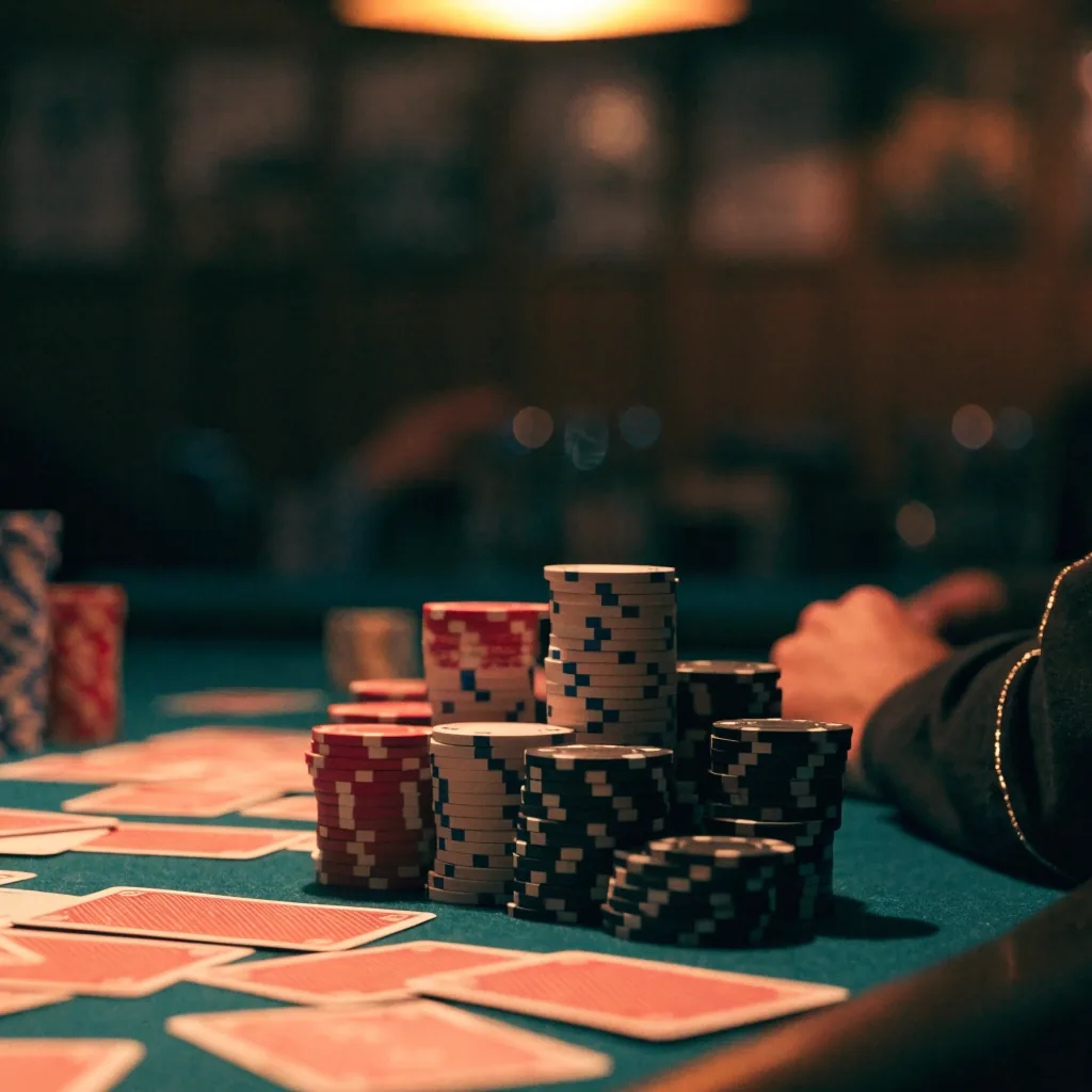 Cash game przy stole w sali pokerowej w trakcie wieczoru