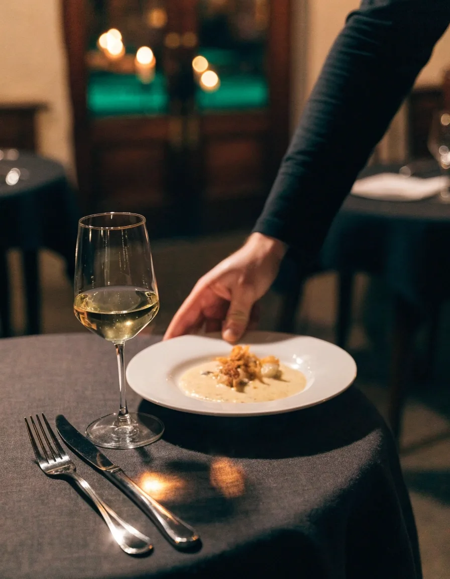 Kelnerka stawia danie główne na stole w przygaszonej restauracji