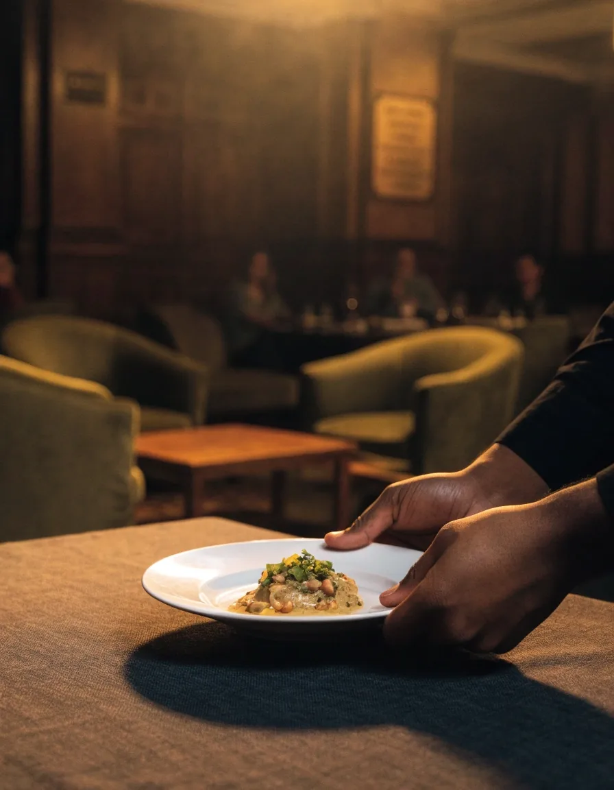 Danie podane na ciemnym obrusie w restauracji
