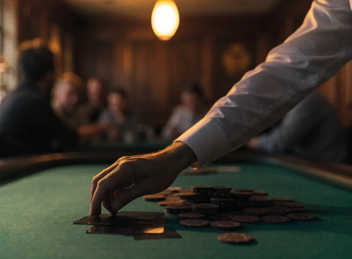 Dłoń na stole pokerowym z zakrytymi kartami