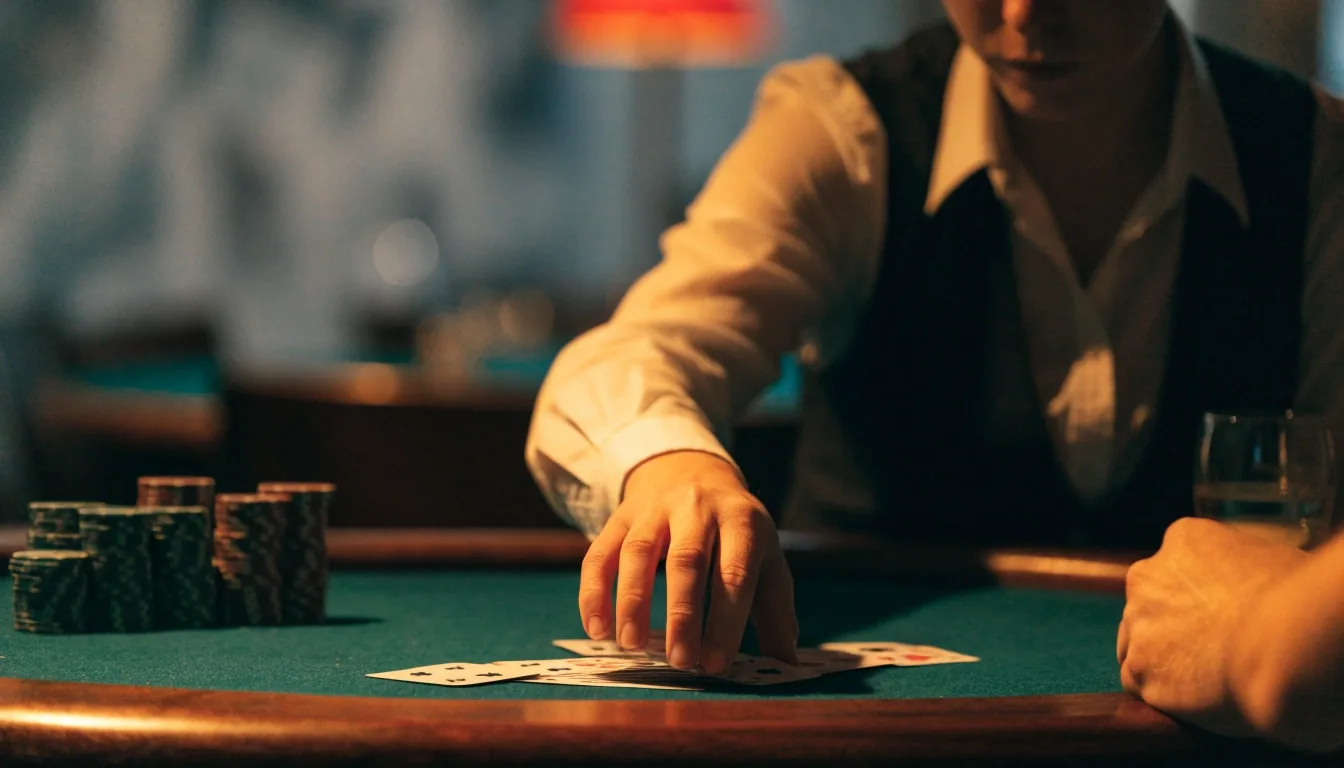 Stół pokerowy w świetle lampy w sali pokerowej