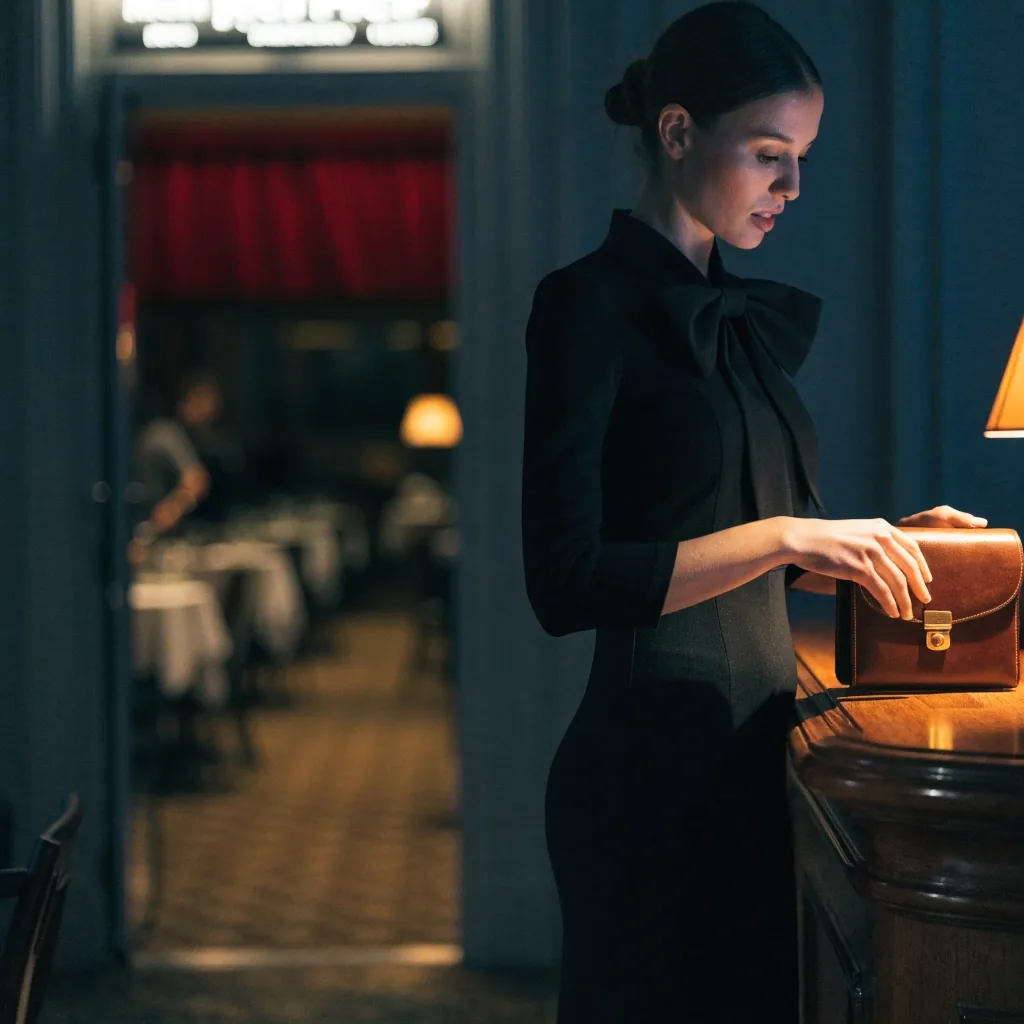 Recepcja restauracji wieczorem, dłoń na skórzanym etui przy ciepłej lampce