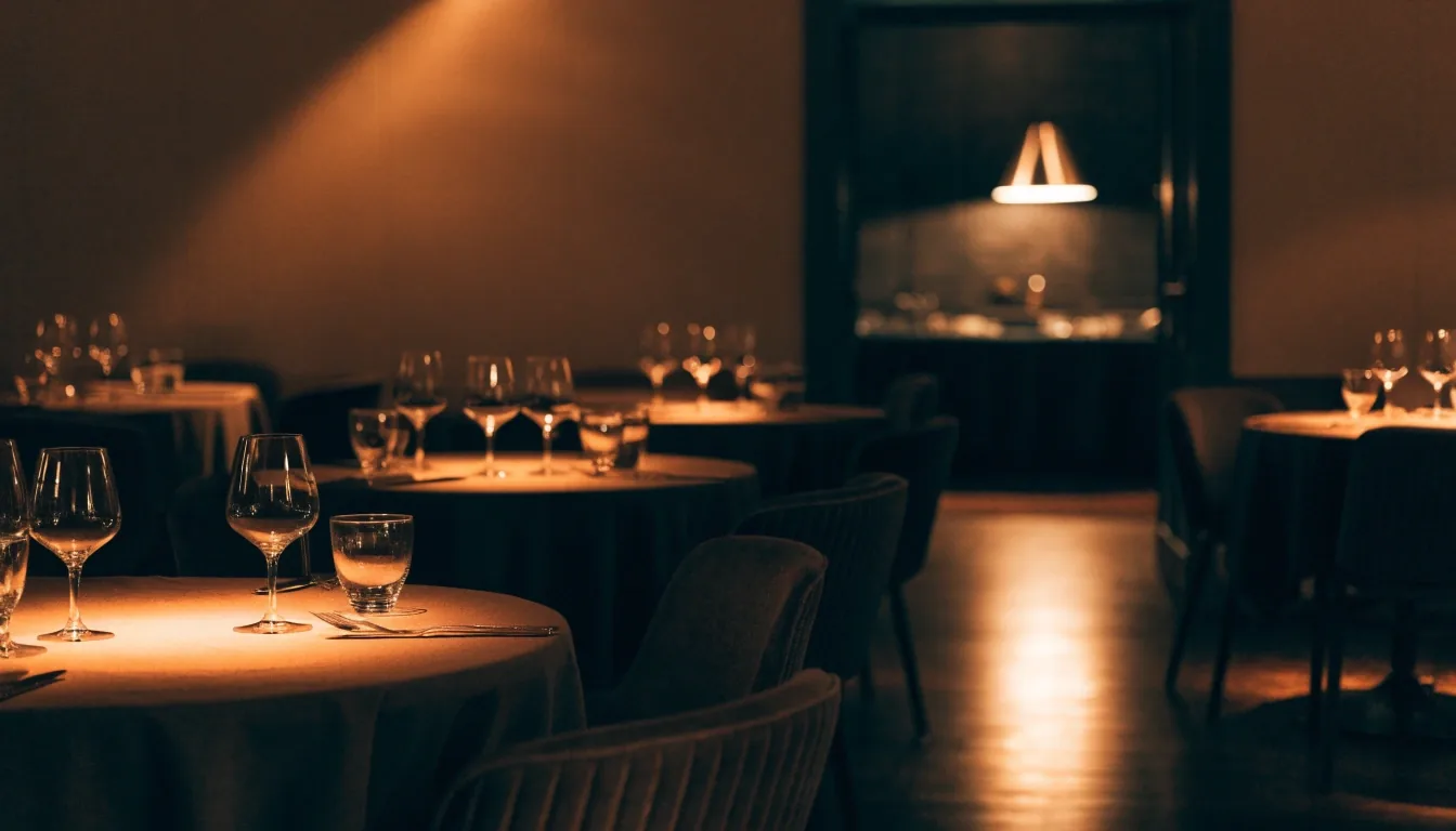 Sala restauracyjna Vergermont w Krakowie wieczorem, nakryte stoliki w ciepłym świetle lampy