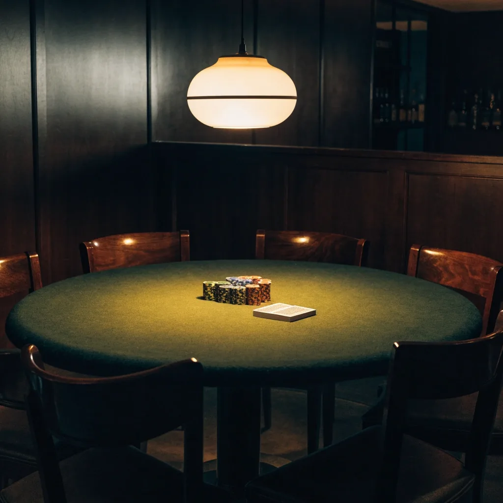 Stół pokerowy w sali Vergermont pod pojedynczą lampą, karty odwrócone rewersem do góry