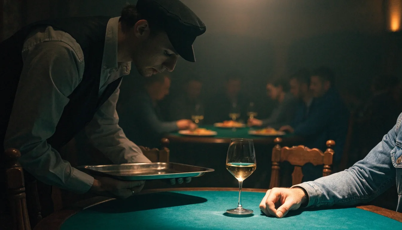 Kelner podający napój przy stole pokerowym