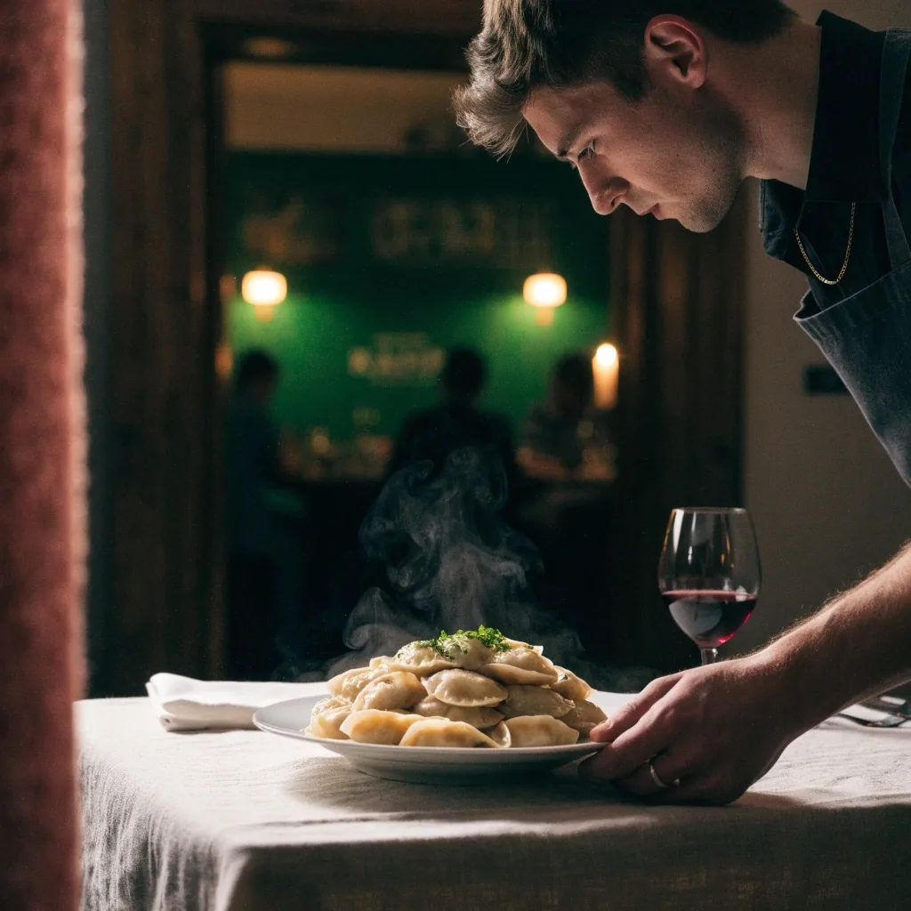 Wnętrze restauracji w nocnym cieple, blat w świetle lamp