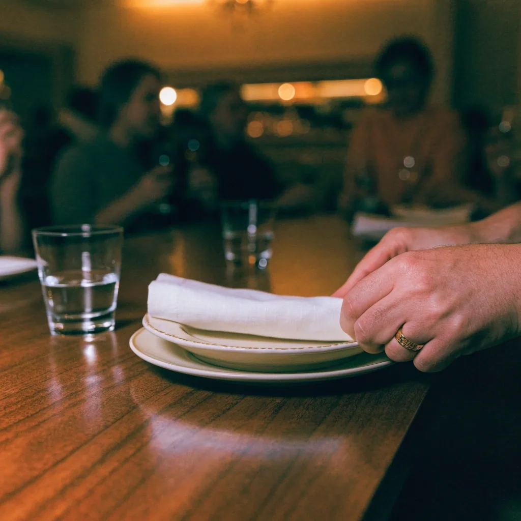 Nakrywanie stolika w restauracji, dłonie układające serwetkę