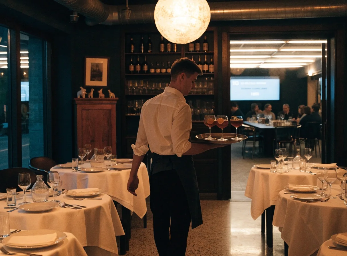 Sala restauracyjna przy niskim ciepłym świetle, stoliki nakryte