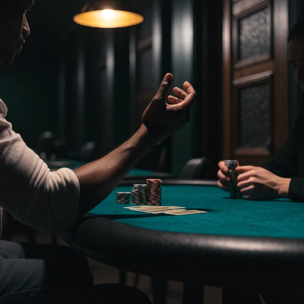 Krupier rozdający karty przy stole pokerowym w świetle jednej lampy